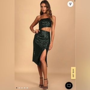 Lulus Shining Moment Green Sequin Asymmetrical Cutout Midi Dress
